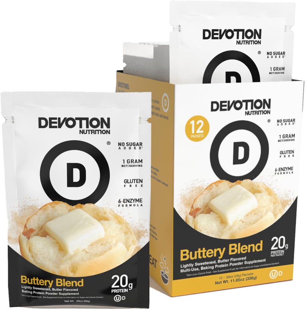 Devotion栄養プロテインパウダーブレンド | グルテンフリー、ケトフレンドリー、砂糖なし | 1g MCT | 20g ウィー&ミセラープロテイン | 12単食パック(バターブレンド)