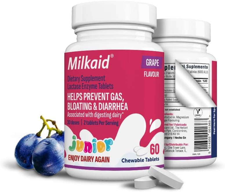 Milkaid Junior Lactase Enzyme Chewable Tablets for Lactose Intolerance | Prevents Gas, Bloating, Diarrhea in Children| Fast Acting Dairy Digestive Supplement for Kids| 60 ct (60 Tablets, Grape)