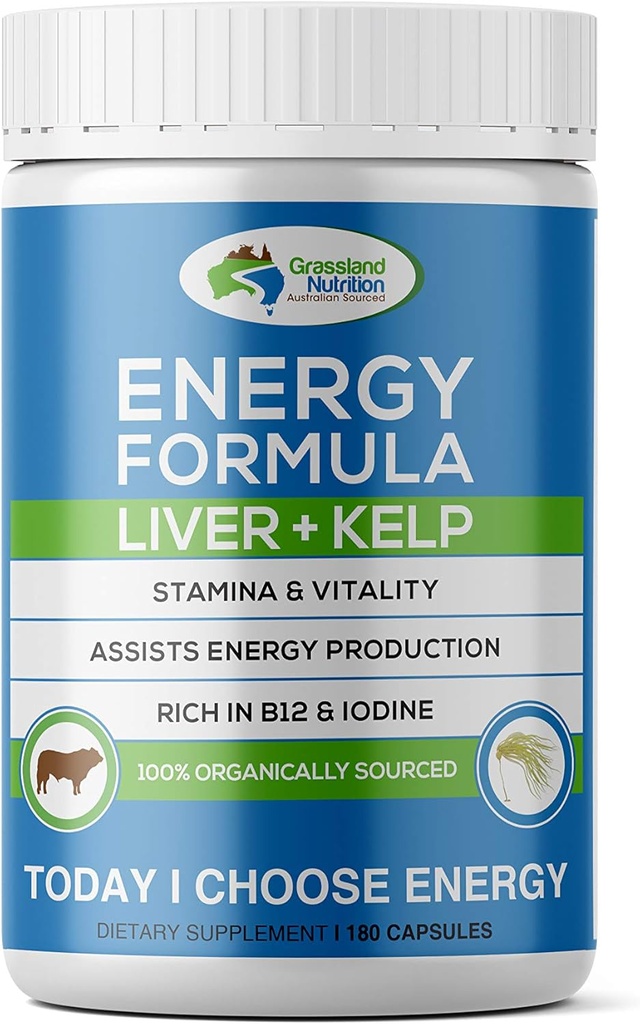 GRASSLAND NUTRITION Grass Fed Beef Liver with Wild Harvested Kelp 100% Organically/Halal Sourced 2-in-1 Energy Formula — Natural B12, Iodine, Iron & Vitamin A (180 Capsules)