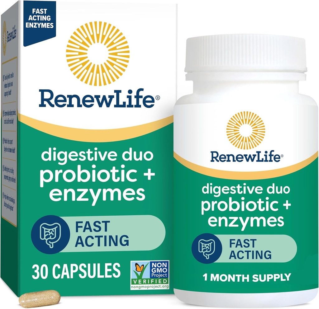 Renew Life Digestive Duo Probiotic and Enzymes Vegetarian Capsules, Probiotic Promotes Digestive Health, Fast-Acting Enzymes Aid Digestion, With Soothing Herbs - 30 Count