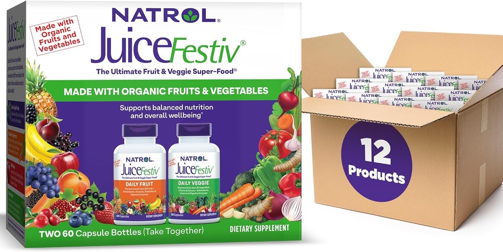 Natrol JuiceFestiv パック, 毎日の果物と野菜のカプセル, サプリメントはバランスの取れた栄養をサポート, 120 カウント (パック 12)