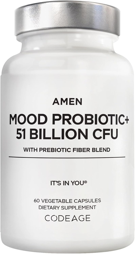 Amen Mood Probiotic Supplement 51億CFU - 有機プレバイオティクスとプロバイオティクス - 酸性プロバイオティクスピル、繊維 - 気分有機アシワガンダ、ブルーベリー - ビーガン&非GMO - 60カプセル