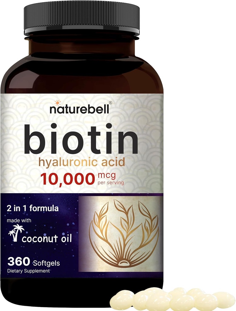 Biotin 10000mcg + Hyaluronic Acid 25mg | 360 Coconut Oil Softgels, Premium Biotin Vitamins for Hair Skin and Nails, Highly Purified and Bioavailable, Quick Release