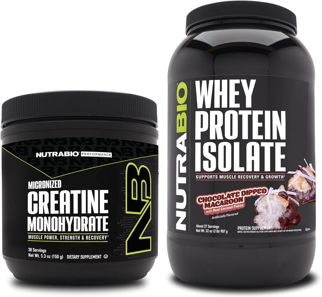 NutraBioクレアチンモノハイドレート、アンフレーバー、150gとウィープロテインアイソレート、チョコレートディップマカロン、サプリメントバンドル - 筋肉エネルギー、リーン筋肉の成長、回復、および強度