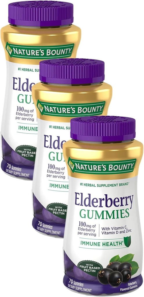 Nature's Bounty Elderberry Gummies、栄養補助食品、免疫健康をサポートし、ビタミンA、C、D、E、亜鉛、100mg、70グミ(パッケージ3)