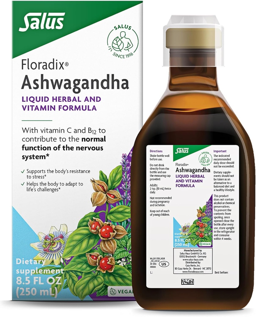 Floradix Ashwagandhaの液体の草及びビタミンの方式-Ashwagandhaのエキスが付いている草の補足、ビタミンC、B12及び多く-ストレス サポートのための-消化に優しい-ビーガン及び非GMO - 8.5のfloz