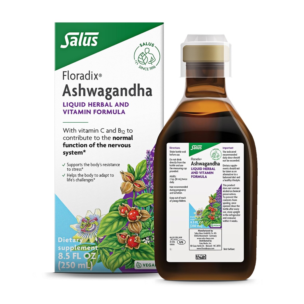 Floradix Ashwagandhaの液体の草及びビタミンの方式-Ashwagandhaのエキスが付いている草の補足、ビタミンC、B12及び多く-ストレス サポートのための-消化に優しい-ビーガン及び非GMO - 8.5のfloz