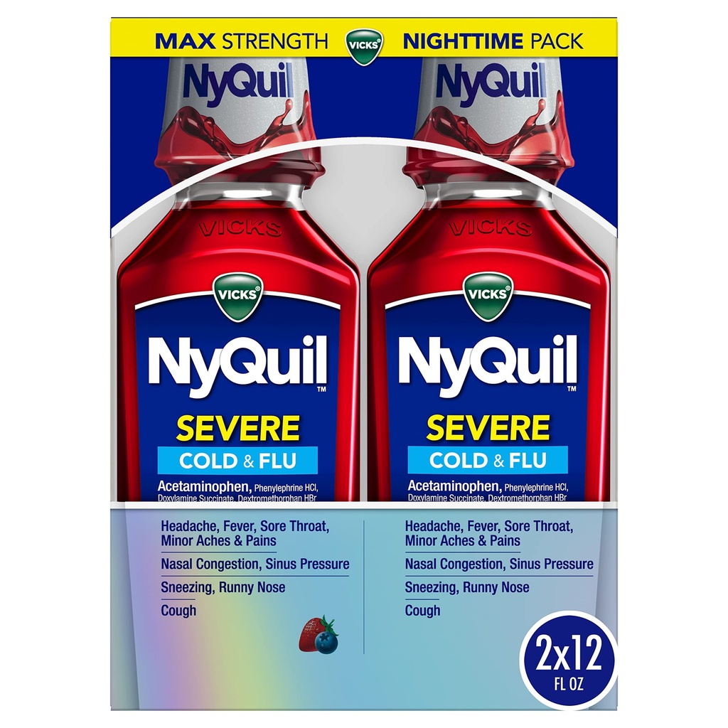 Vicks NyQuil SeverE 風邪、インフルエンザ、および輻輳の薬、2x12 fl oz ツイン パック、ベリー味、最大強度、夜間救助