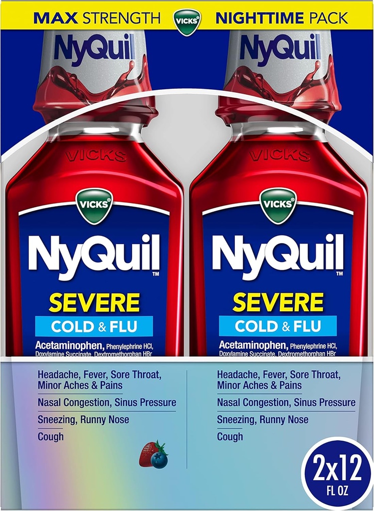 Vicks NyQuil SeverE 風邪、インフルエンザ、および輻輳の薬、2x12 fl oz ツイン パック、ベリー味、最大強度、夜間救助