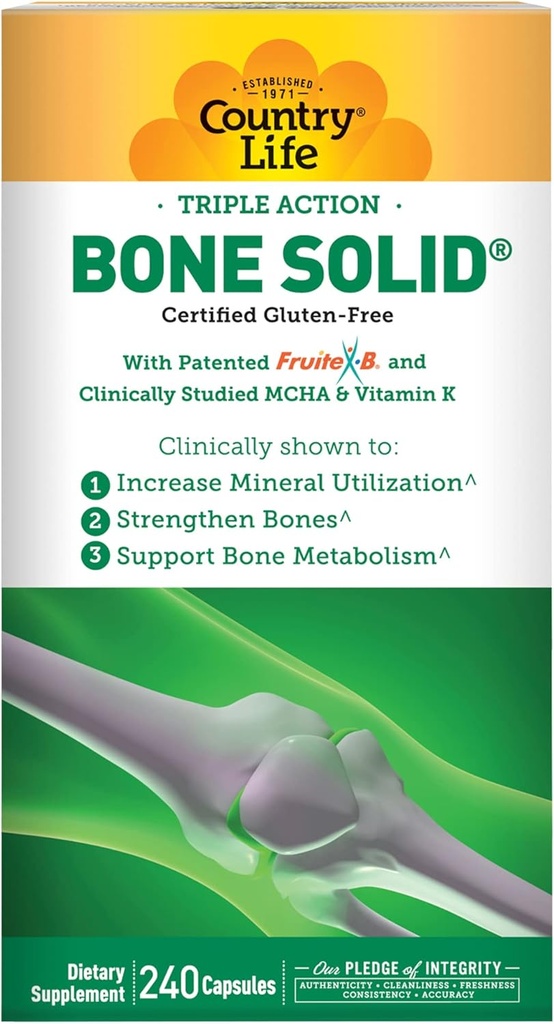 Country Life Bone Solid - Bone Health Supplement with Microcrystalline Hydroxyapatite (MCHA), Calcium, Magnesium, Zinc, Vitamins K2 & D3 for Enhanced Bone Strength & Metabolism - 240 Capsules