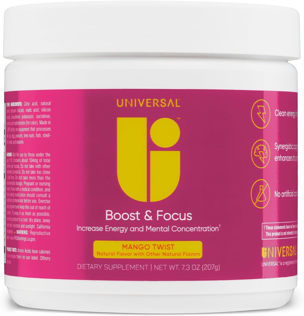 Universal U Boost & Focus Powder, Increase Energy and Cognitive Performance, Pre Workout, Custom Dosing, VIT B12, Niacin, Choline, L-Tyrosine, No Artificial Flavors, 30 Servings (Mango Twist)