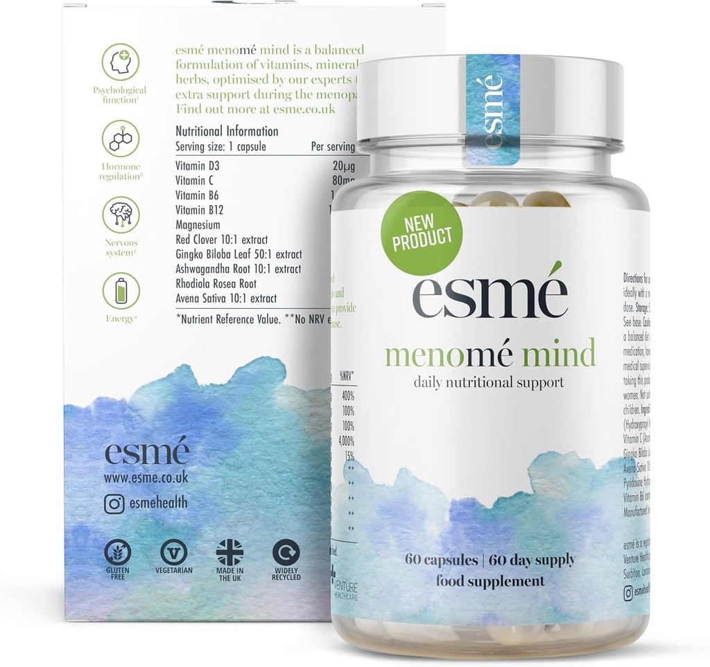 esmé menoméの心 - 月経と後に毎日栄養サポートの前に - 60カプセルの2ヶ月の供給、アシュワガンダとジンコビロバが含まれています