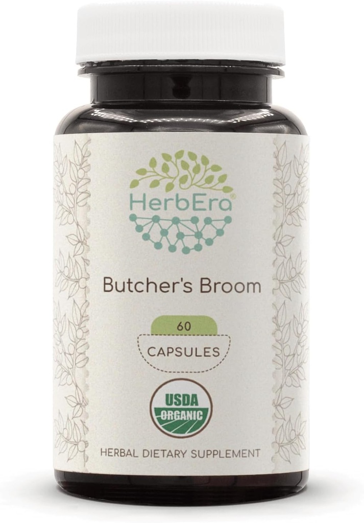 HerbEra Butcher's Broom USDA Organic 60カプセル | 天然ハーブサプリメント | 認定オーガニック ベジタリアンカプセルとオーガニック バターのBroom(Ruscus aculeatus) ドライルーツ(60カプセル)