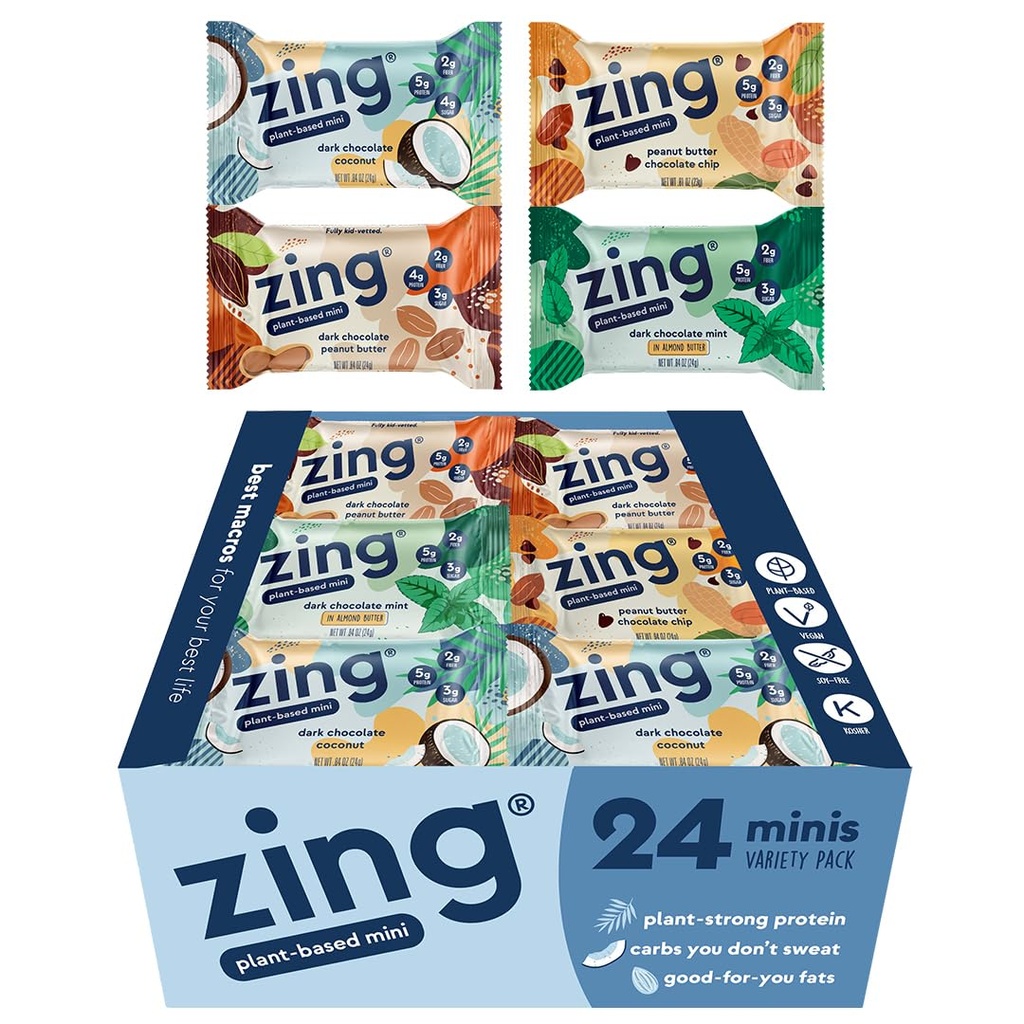 Zingキッズプロテインバーバラエティパック、グルテンフリー100カロリーミニバー、ハイプロテイン、ビーガン栄養バー、酪農場無料植物ベースのタンパク質 - 24カウント