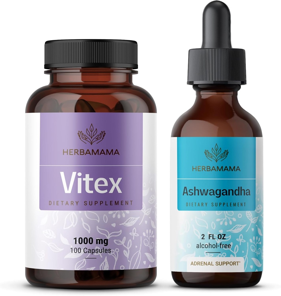 HERBAMAMA VitexとAshwagandhaキット - 1000mg Vitex Chasteberryカプセルのバンドル&Ashwagandha液体ドロップ2オンス - ビーガン、非GMO、砂糖&アルコールフリー - 2パック