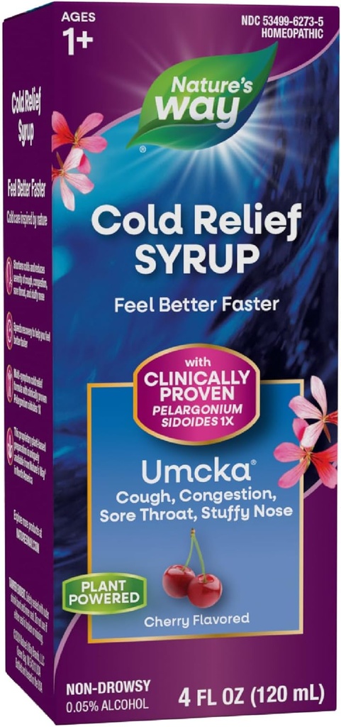 Nature's Way Cold Relief Syrup, Umcka, Shortens Duration & Reduces Severity, Multi-Symptom Cold Relief, Homeopathic, Phenylephrine Free, Non-Drowsy, Cherry Flavored, 4 Fl Oz (Packaging May Vary)