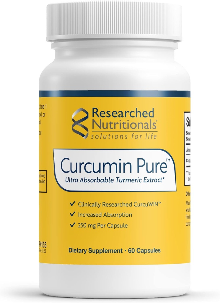 Researched Nutritionals Curcumin Pure - Clinically Researched Curcumin Extract, 46x More Absorbable Than Traditional Turmeric Extract (60 Vegan Turmeric Capsules)