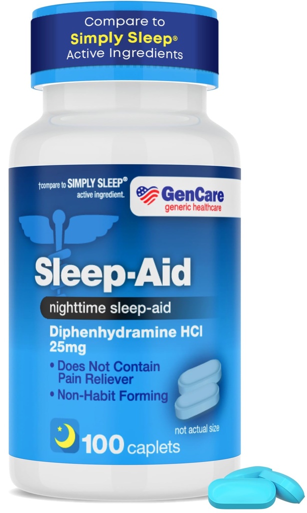 GenCare - 睡眠補助ジフェンヒアミンHCL 25mgブルーキャップ(100カプレット) - 夜間眠りを落ちる大人のための夜間眠りの丸薬を形成するノンハビット - 睡眠補助剤