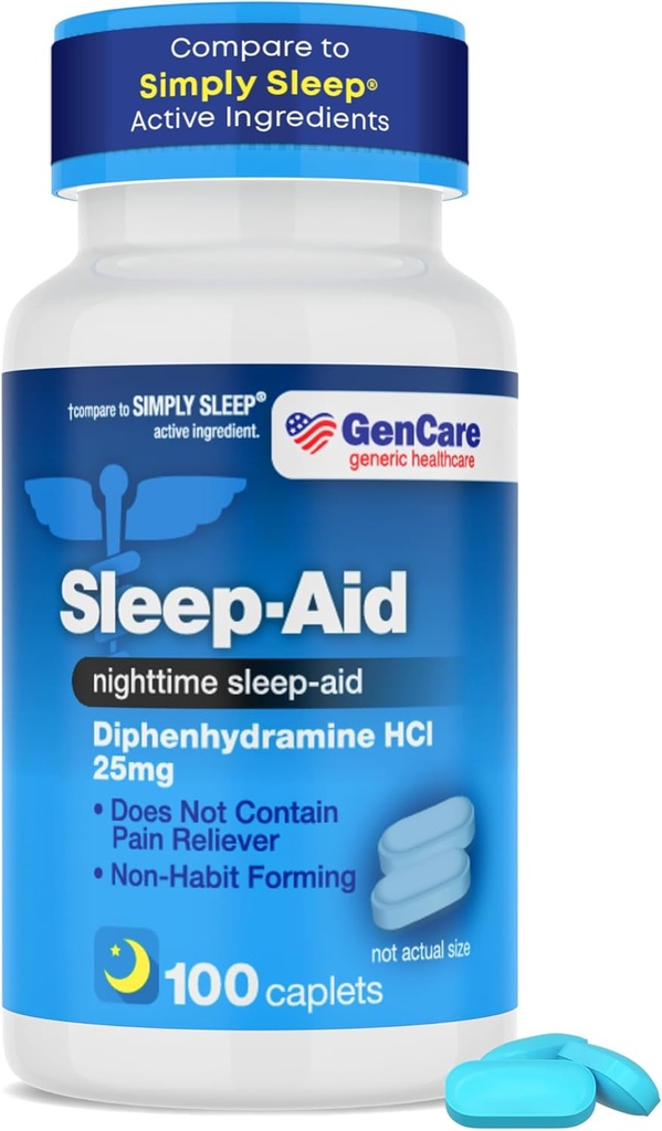 GenCare - 睡眠補助ジフェンヒアミンHCL 25mgブルーキャップ(100カプレット) - 夜間眠りを落ちる大人のための夜間眠りの丸薬を形成するノンハビット - 睡眠補助剤