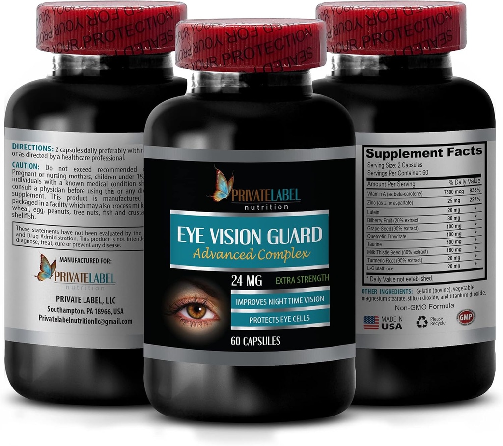 Vision Vitamins with Lutein - Eye Vision Guard 24 MG - Advanced Complex, Eye Vision Support, Lutein Supplements, Vitamin A Supplement, Turmeric Extract, Bilberry Extract, Taurine, 1 Bot 60 Capsules