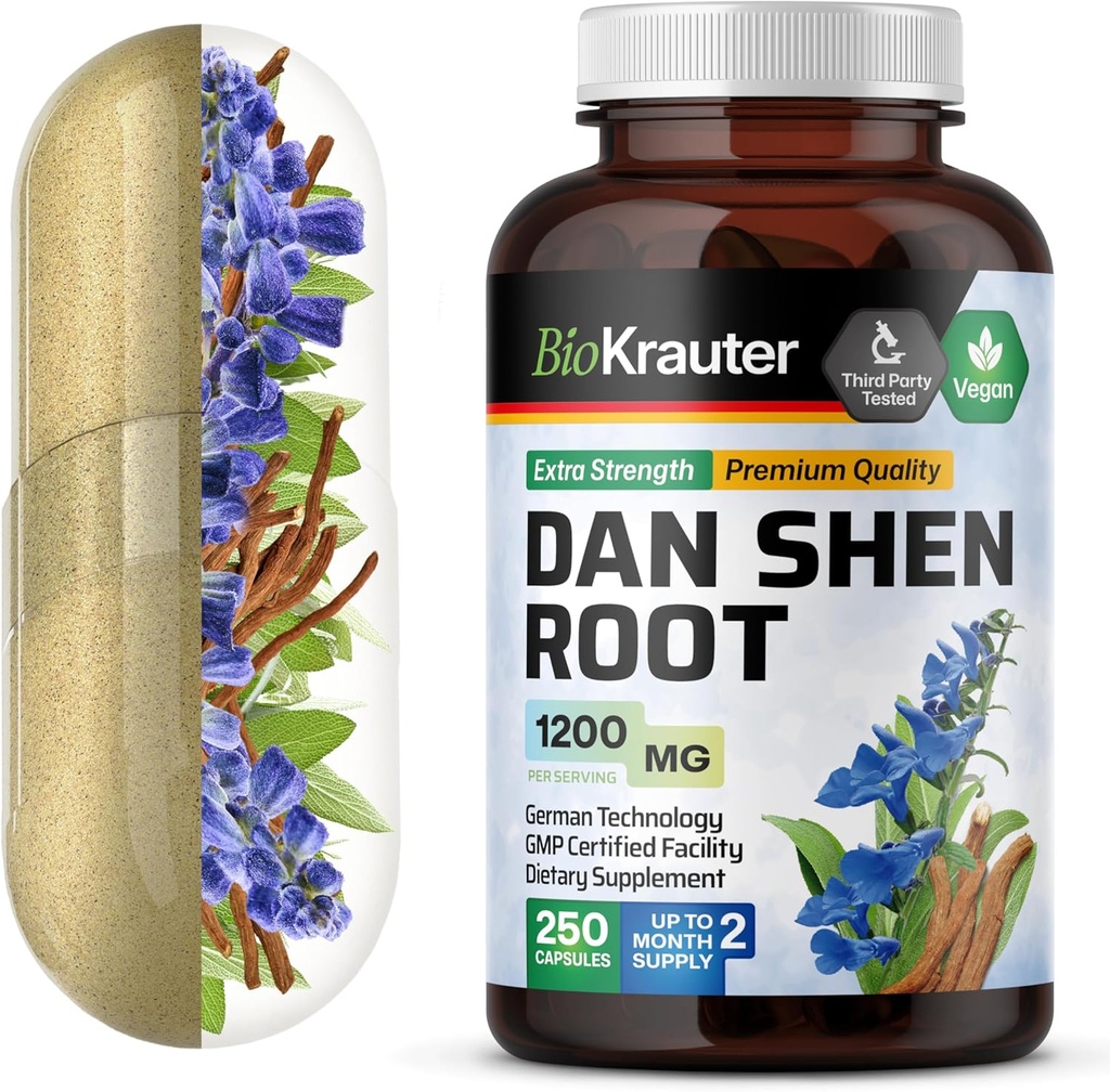 BIO KRAUTER Dan Shen Rootカプセル - 1200 mgの強度 - 250赤いセージキャップ - 抗酸化物質 - Salvia Miltiorrhiza Root - ビーガン