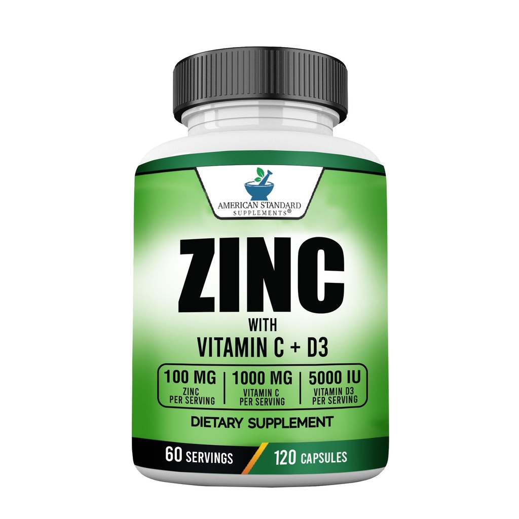 アメリカンスタンダードは、亜鉛100mg、ビタミンC1000mg、ビタミンD3 5000 IU(125mcg)をサービングごとに補う - グルテンフリー、非GMO、120カプセル、60サービング