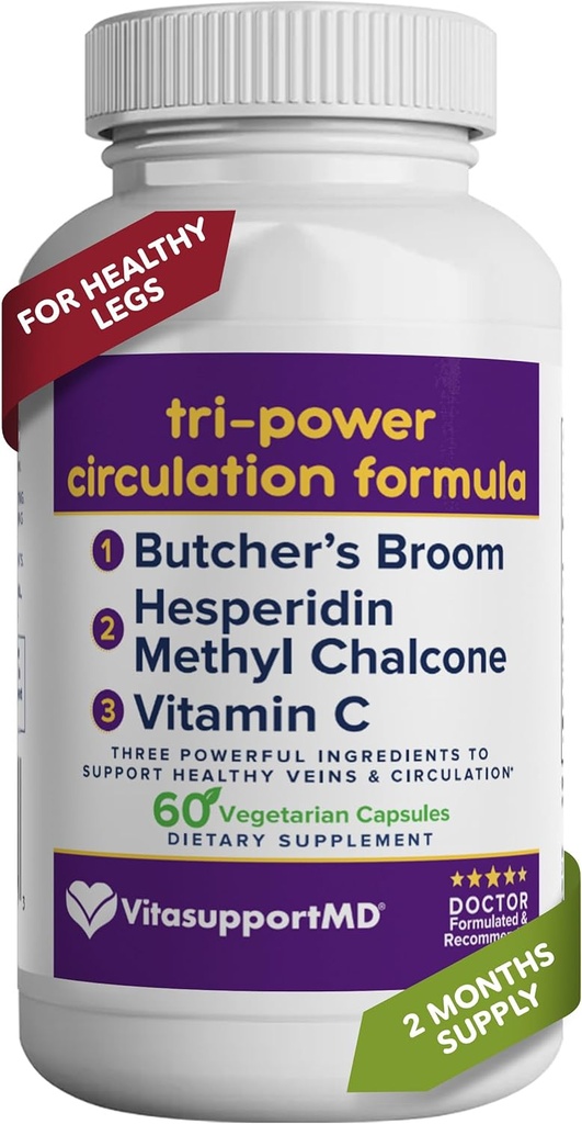 Tri-Power Circulation Formula - Circulation Supplement with Butcher's Broom, Hesperidin Methyl Chalcone, and Vitamin C, 60 Capsules, for Blood and Leg Circulation, Vein Health Support