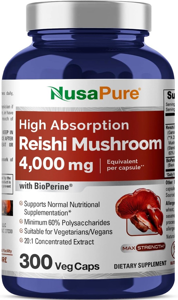 NusaPure Reishiのきのこのエキス20:1のエキス、カプセルごとの4000mgと等しい200のmg 300の野菜帽子ビーガン、非GMO、ビーガン