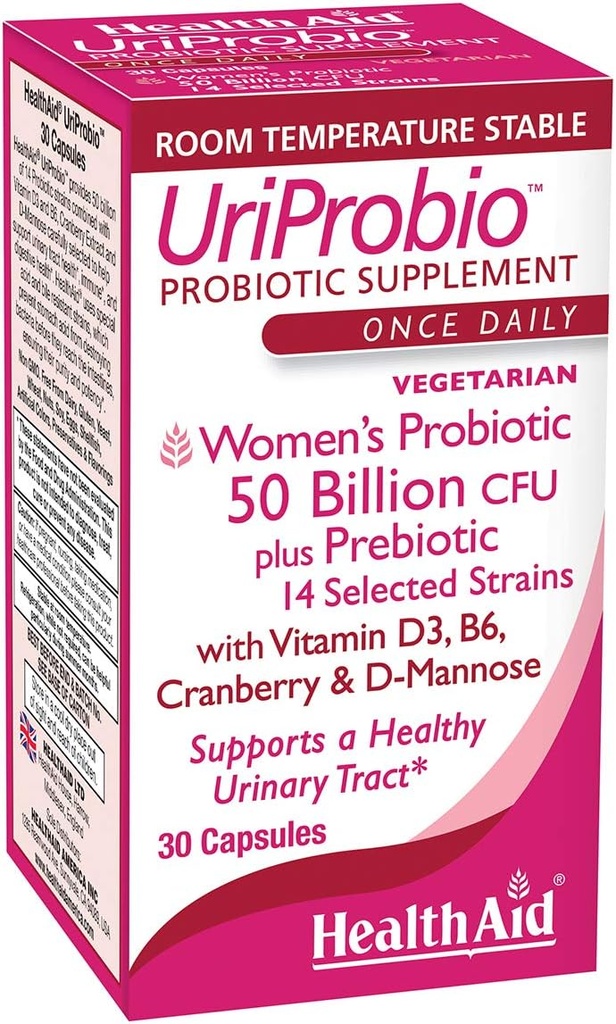 HealthAid UriProbio – プレバイオティクス、クランベリー、D-Mannose、ビタミンD3&B6の50億CFU女性のプロバイオティクス、ビタミンD3&B6 | ウルナリートラクト&消化ウェルネス、酸&Bile耐性、ビーガンをサポート