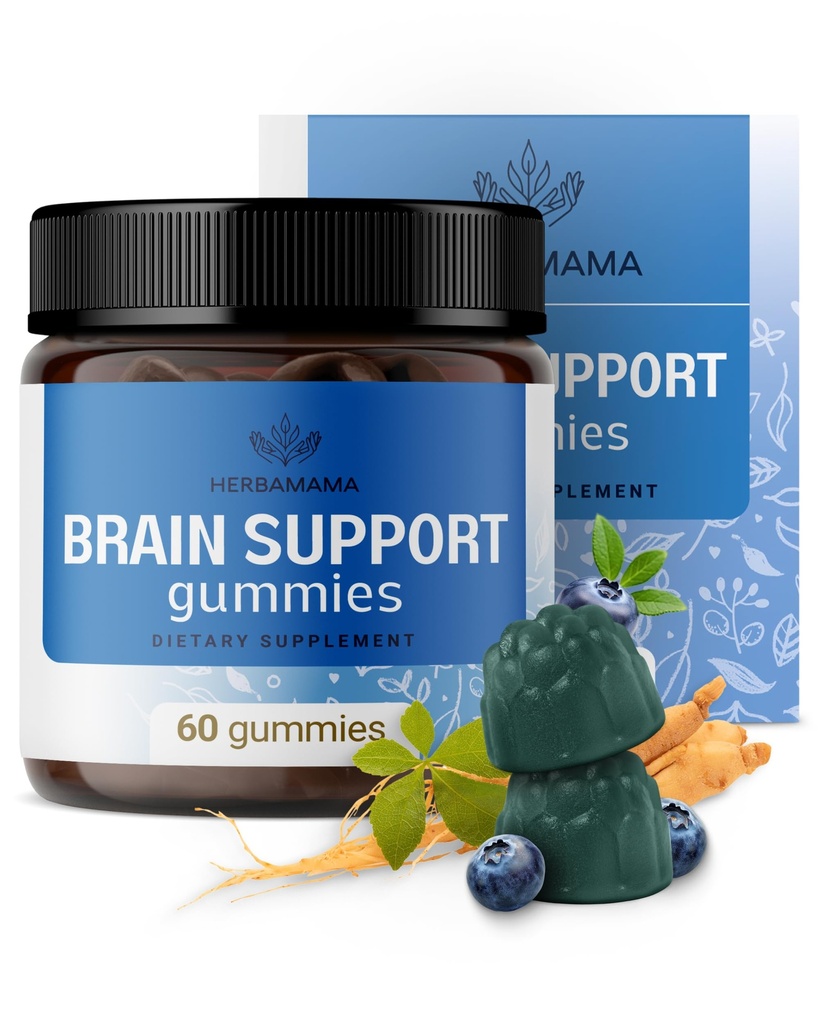 HERBAMAMA Brainサポートガミー - アシュワガンダ、Bacopa Monnieri、ビタミンC&B12で大人のための脳の焦点サプリメント - ビーガン、非GMO Calmingガミー - 60ペクチンベースのブルーベリー風味の咀嚼