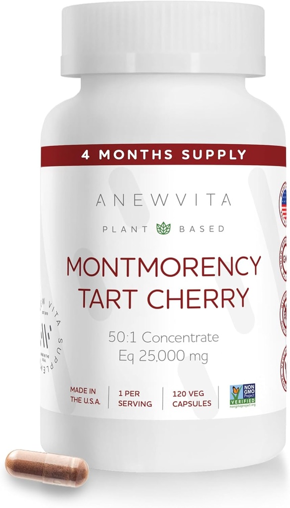 Montmorency Tart Cherry, Non GMO, Capsules - CherryPure 50:1 Concentrate eq. 25,000 mg - Antioxidants & Flavonoids, Tart Cherry Extract for Gout & Muscles - 120 Veggie Capsules - 4 Month Supply