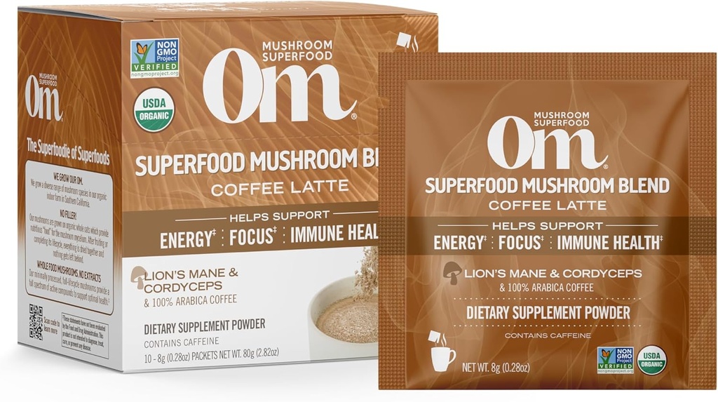 Omのきのこのスーパーフードのコーヒー ラテのブレンドのきのこの粉、単一のサーブ、10の計算、ライオンのマネ、コルディセプ、Reishi、Chaga、エネルギー及び精神的なサポート補足