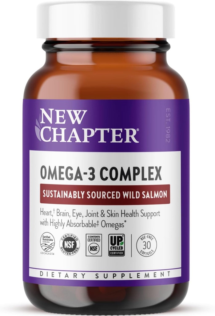 New Chapter Omega-3 Complex, 1000mg Softgels, Fish Oil Supplement Wild Alaskan Salmon for Heart, Brain, Eye, Joint & Skin Health Support - 30 Count