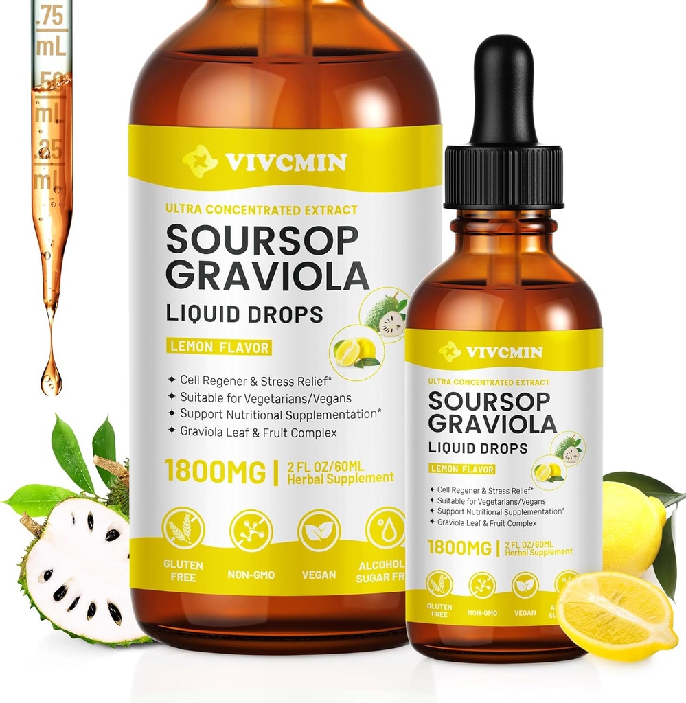 Graviola Soursop Leaf Extract Liquid - Soursop Bitters Liquid, Support Immune, Relax, Liver and Sleep, Sugar & Alcohol-Free, Highly Absorbable Formula, Lemon Flavor, 2 Fl Oz