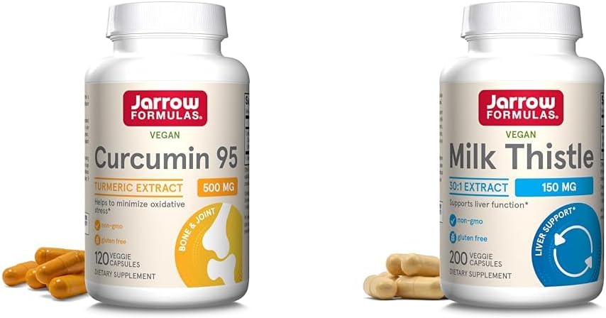 Jarrow Formulas Curcumin 95 500mg - Up to 120 Servings (Veggie Caps) & Milk Thistle 150 mg with 30:1 Standardized Silymarin Extract