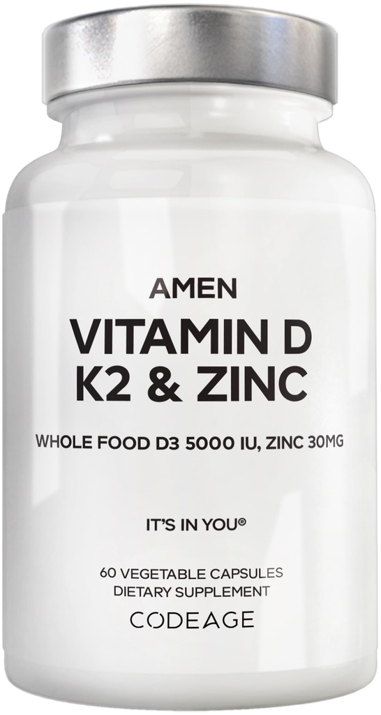 AmenのビタミンD、K2及び亜鉛、Cholecalciferol D3 5000 IUのApple、Blueberry、クランベリー、Elderberryの粉のフルーツ、ビーガン補足、D3 K2のビタミン、非GMO - 60のカプセルとの有機性の全食糧ブレンド