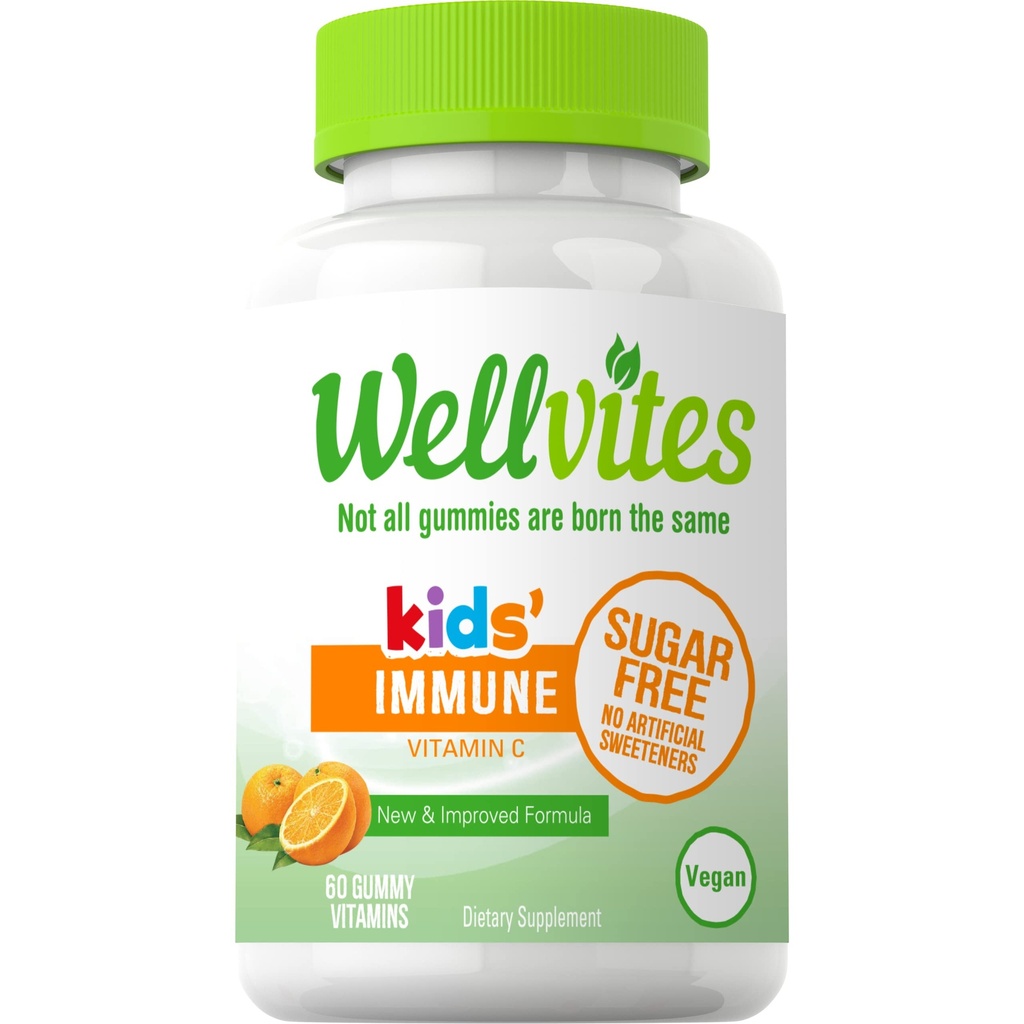 Wellvites砂糖無料キッズ免疫毎日のおいしいビタミン - ビーガン、非GMO - 子供免疫サポートのためのビタミンCグミー、人工甘味料、グルテンフリー、ゼラチンフリー、60カウント(30日の供給)