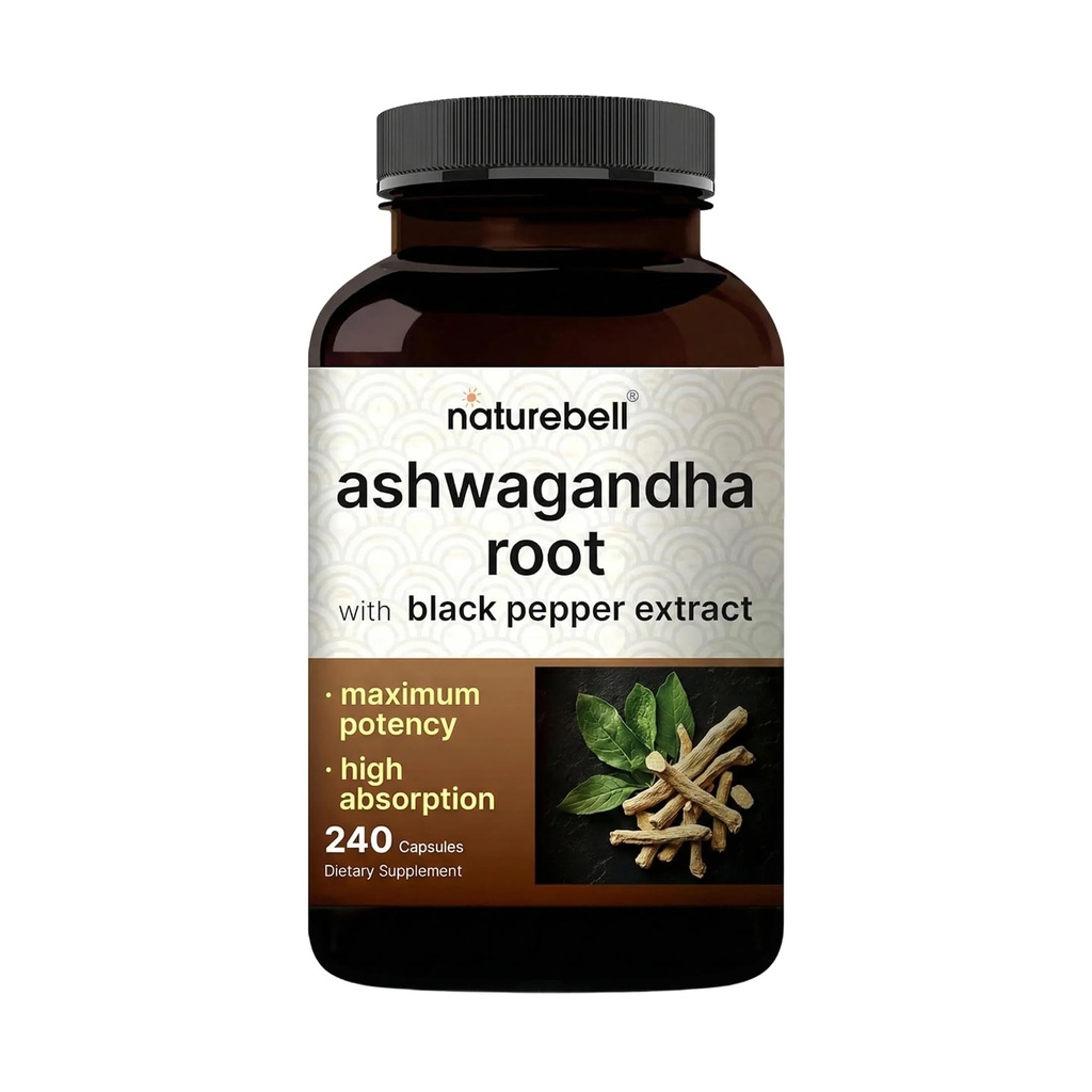 NatureBell Ashwagandha with ブラックペッパー、240カプセル  高吸収コンプレックス - 余分な強度ルート抽出物 - リラックスのための適応物質サプリメント - 非GMO