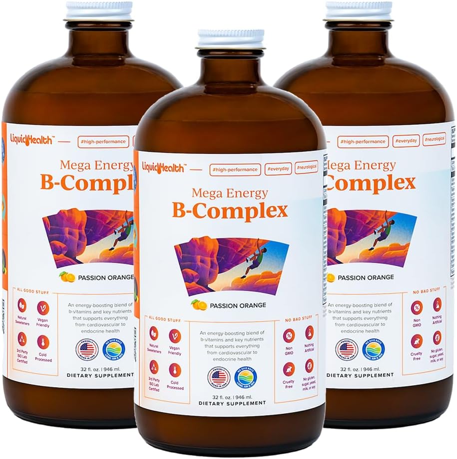 LIQUIDHEALTHメガエナジーメチル化されたBコンプレックス、大人の液体のビタミンの補足-エネルギーを増加して下さい、圧力及び疲労を取り除きます、免疫サポート、中心及び腸の健康-米国、ビーガン、砂糖なし(3パック)で作って下さい