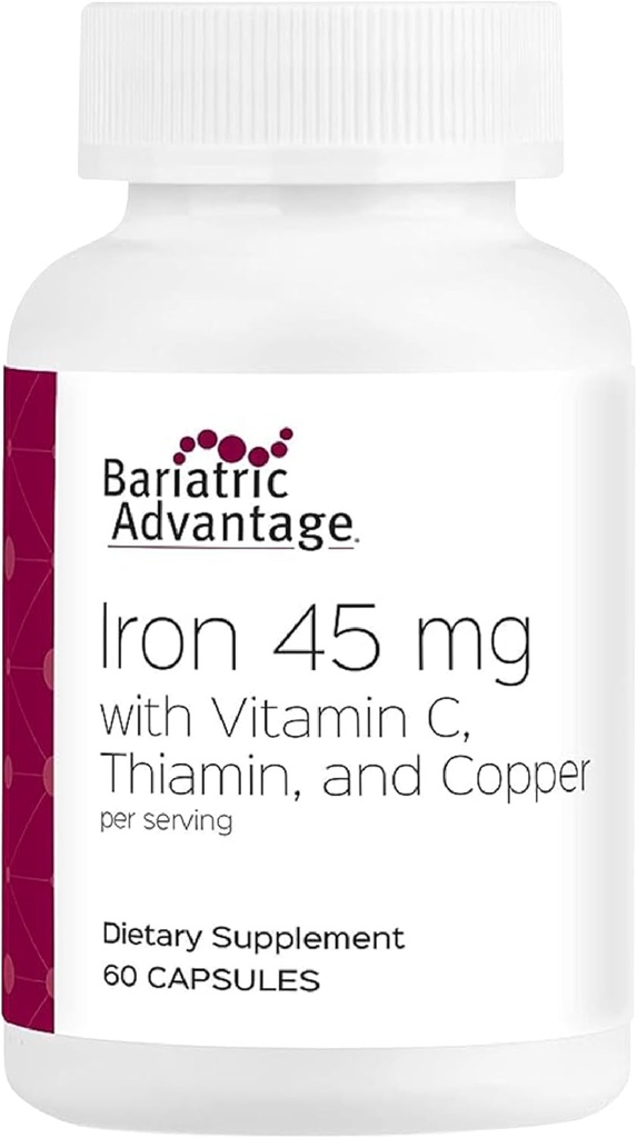 Bariatric Advantage Iron 45 mg with Vitamin C, Thiamin and Copper for Increased Absorption and Utilization, Easily Digestible for Gastric Bypass and Sleeve Gastrectomy Surgery Patients - 60 Count