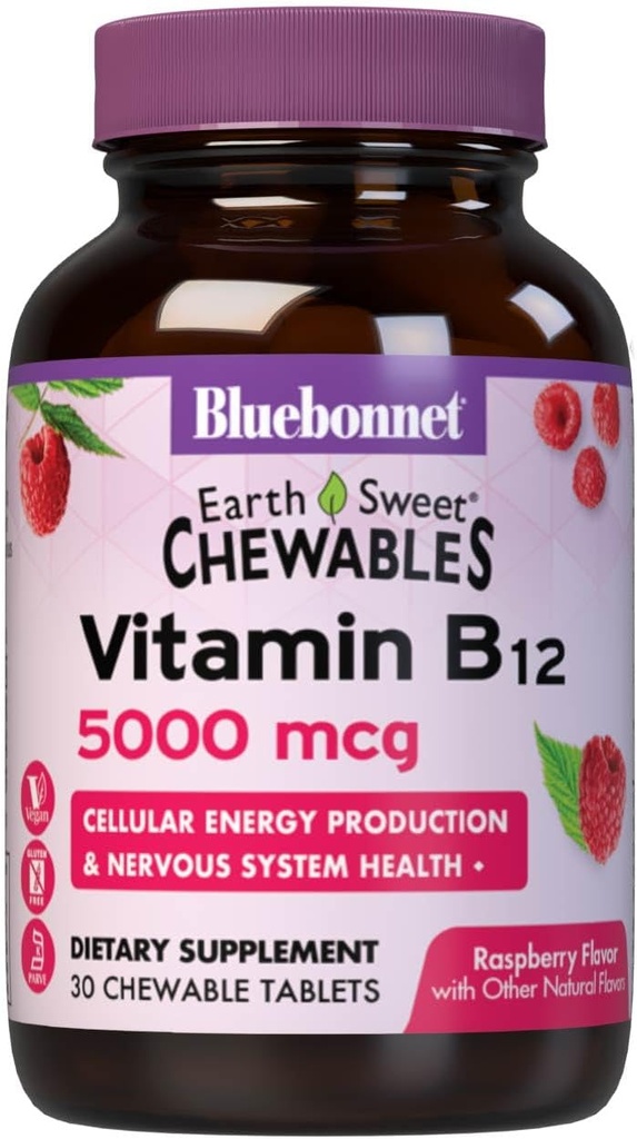 Bluebonnet栄養の地球の甘いビタミンB12 5000のmcgのChewableタブレット、大豆フリー、グルテンフリー、Kosher認定、乳製品フリー、ビーガン、ラズベリー風味、30Chewableタブレット、30のサービング