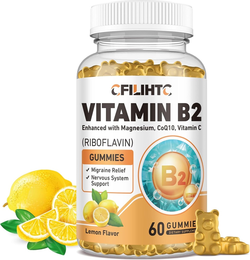 Vitamin B2 Gummies Riboflavin 400mg Supplement for Kids & Adults - Magnesium Glycinate, Zinc, CoQ10, Vitamin B12 - Migraine Relief & Energy, Nervous System Support, Sugar Free Lemon Flavor, 60ct
