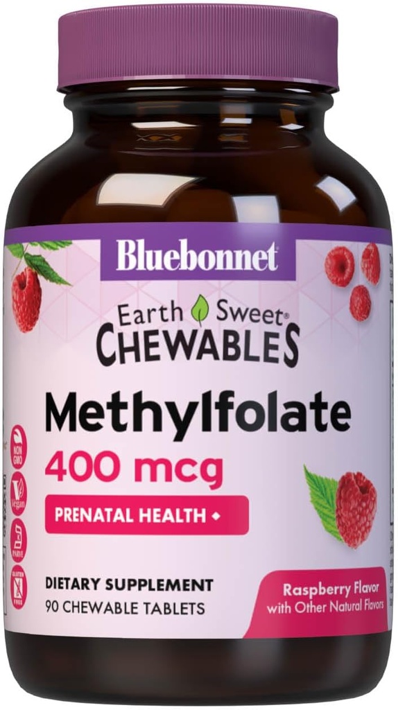 Bluebonnet EarthSweet Methylfolate 400 mcg 細胞活性補酵素 5-MTHF L メチル Folate サプリメント - Prenatal & Energy Support* - Non-GMO、ビーガン、グルテンフリー - ラズベリー - 90 咀嚼可能なタブレット
