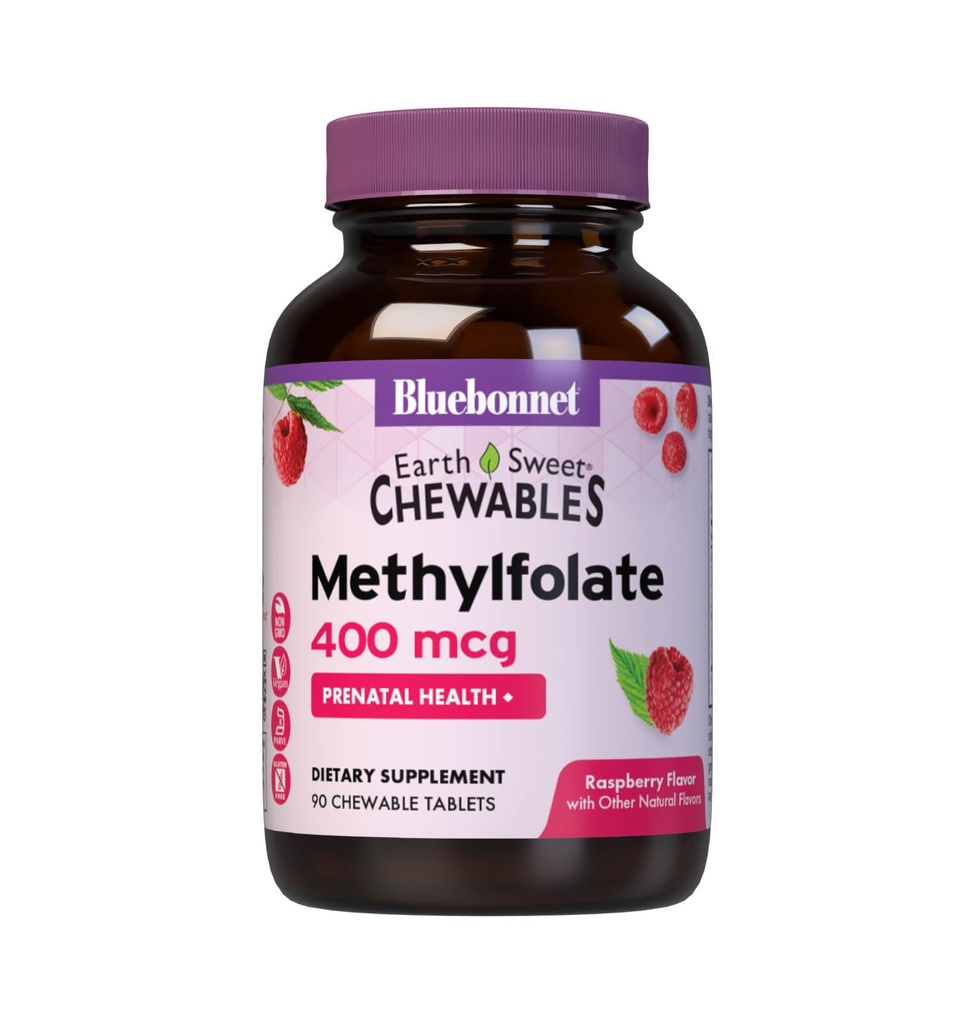 Bluebonnet EarthSweet Methylfolate 400 mcg 細胞活性補酵素 5-MTHF L メチル Folate サプリメント - Prenatal & Energy Support* - Non-GMO、ビーガン、グルテンフリー - ラズベリー - 90 咀嚼可能なタブレット