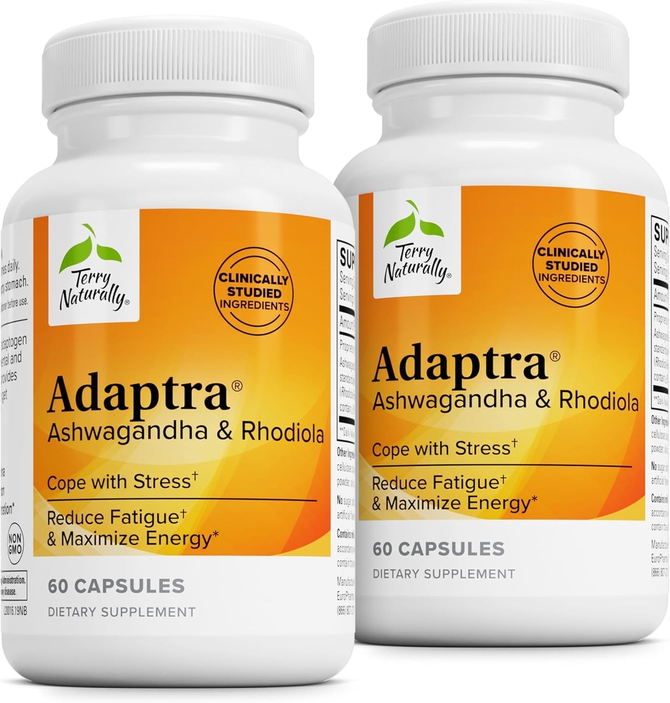 Terry Naturally Adaptra - 副腎の健康をサポートするためのサプリメント - Rhodiola Rosea抽出物とAshwagandhaサプリメント - エネルギーと集中をサポートするハーブサプリメント - 60カプセル(2パック)