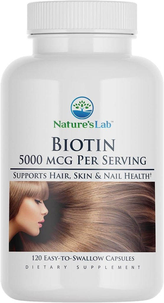 Nature's Lab Biotin 5000 mcg - 健康な髪、皮膚、爪を促進 - 120カプセル(4ヶ月の供給)