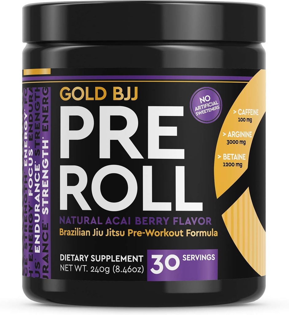 Gold BJJ PreRoll - Jiu Jitsu Pre Workout Supplement for Energy, Focus, and Endurance - Martial Arts Specific Pre-Workout Powder Formula with Natural Flavors (Acai Berry, 30 Servings)