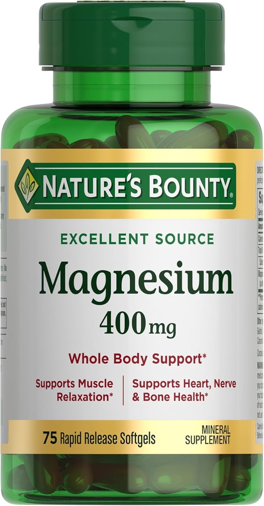 Nature's Bounty Magnesium 400 mg Softgel、全身サポート、男性と女性のためのマグネシウムサプリメント、ハート、Nerve&骨の健康、75 Softgels(パッケージ1)