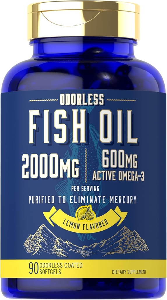 Carlyle Fish Oil 2000mg | 600mg Omega 3 Supplement for Men & Women | 90 Odorless Softgels | Lemon Flavored | Non-GMO and Gluten Free