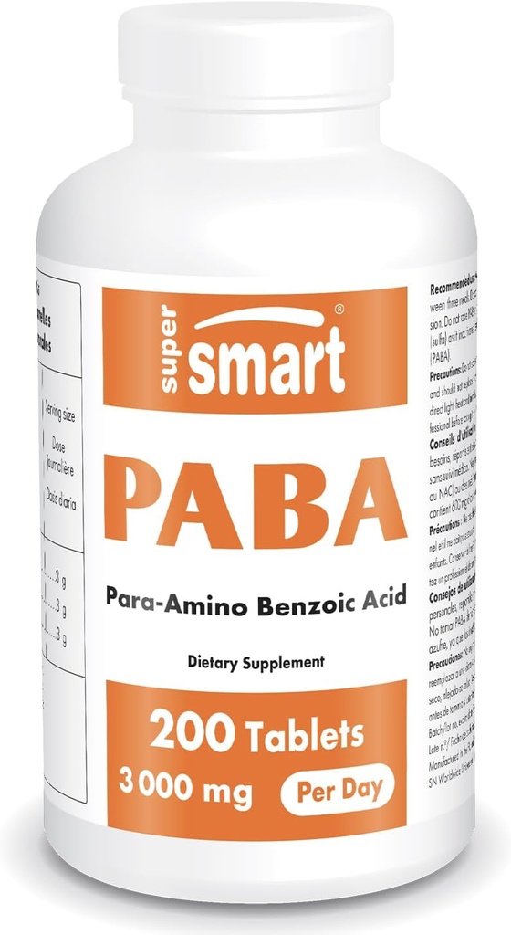 Supersmart - PABAは1日当たり3000mgを補います(パラアミノベンゾイック酸) - ナチュラルBコンプレックスビタミン - 水溶性PABA | 非GMO&グルテンフリー - 200 タブレット